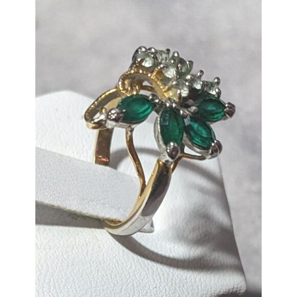 Vintage Faux Emerald And Diamond 14kt Gold Plated Floral Ring Size 5 3/4 - Picture 2 of 14